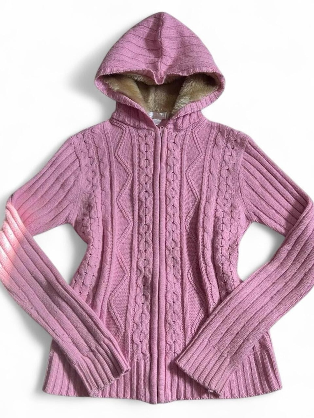 Pink Cable Knit Hooded Sweater